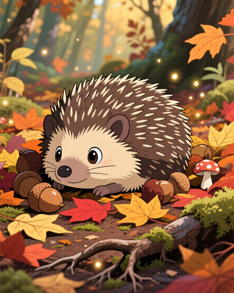 A hedgehog curled up among fallen acorns, with a curious expression, ears perked up, radiating pure charm.