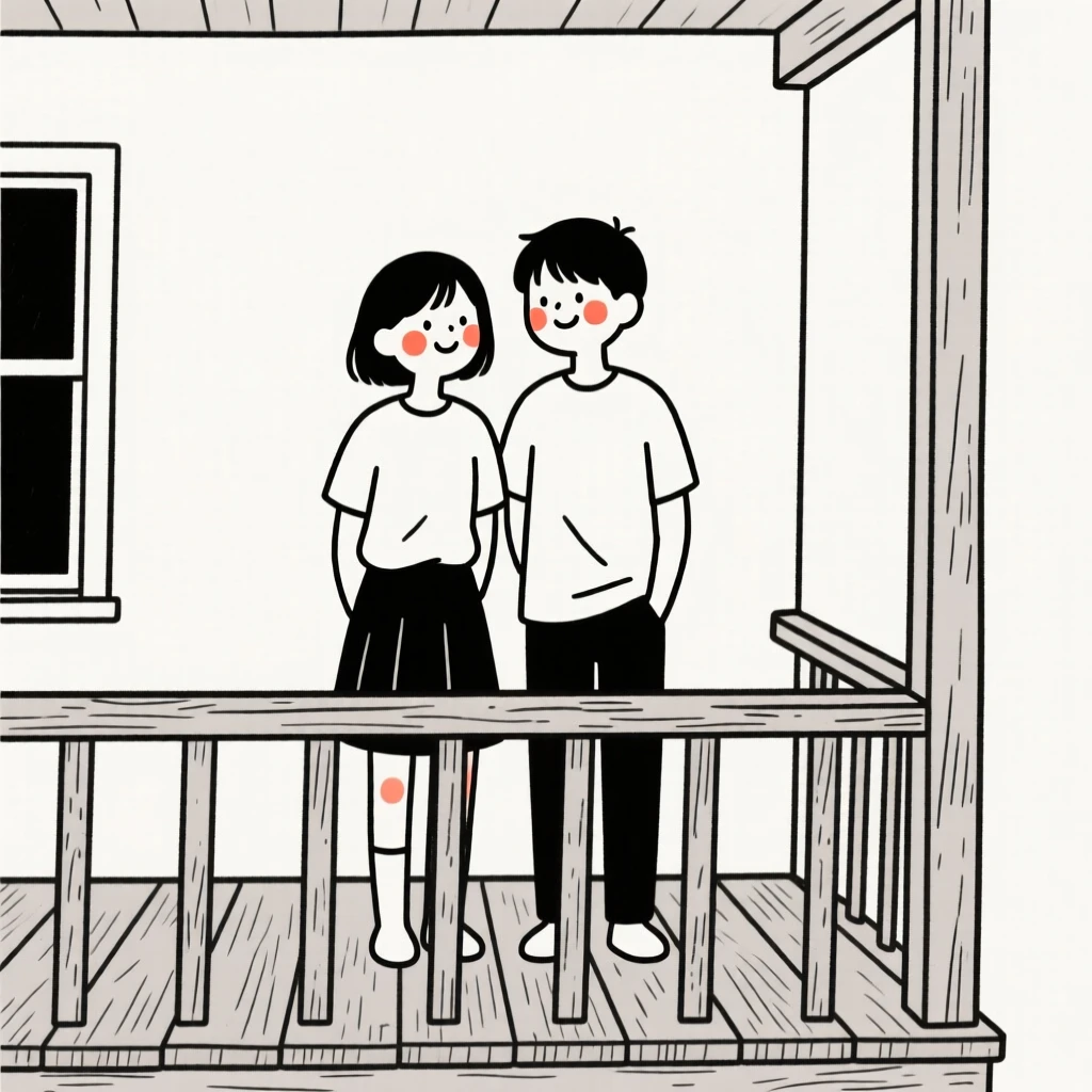 College roommates, smiling shyly, on a rustic wooden porch.