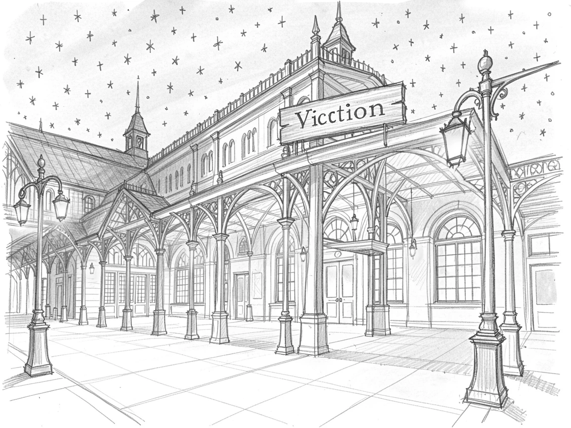 A grand Victorian train station under a canopy of stars, with lanterns glowing along the pathway.