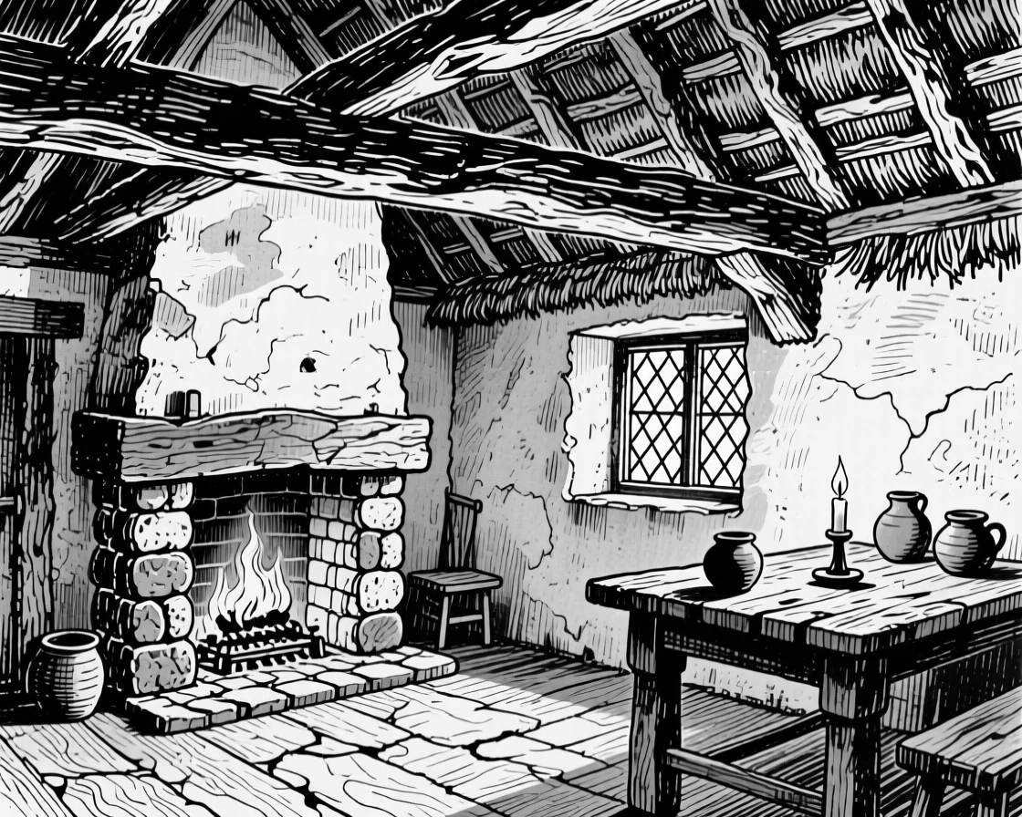 A traditional thatched cottage interior with a low ceiling and exposed beams.