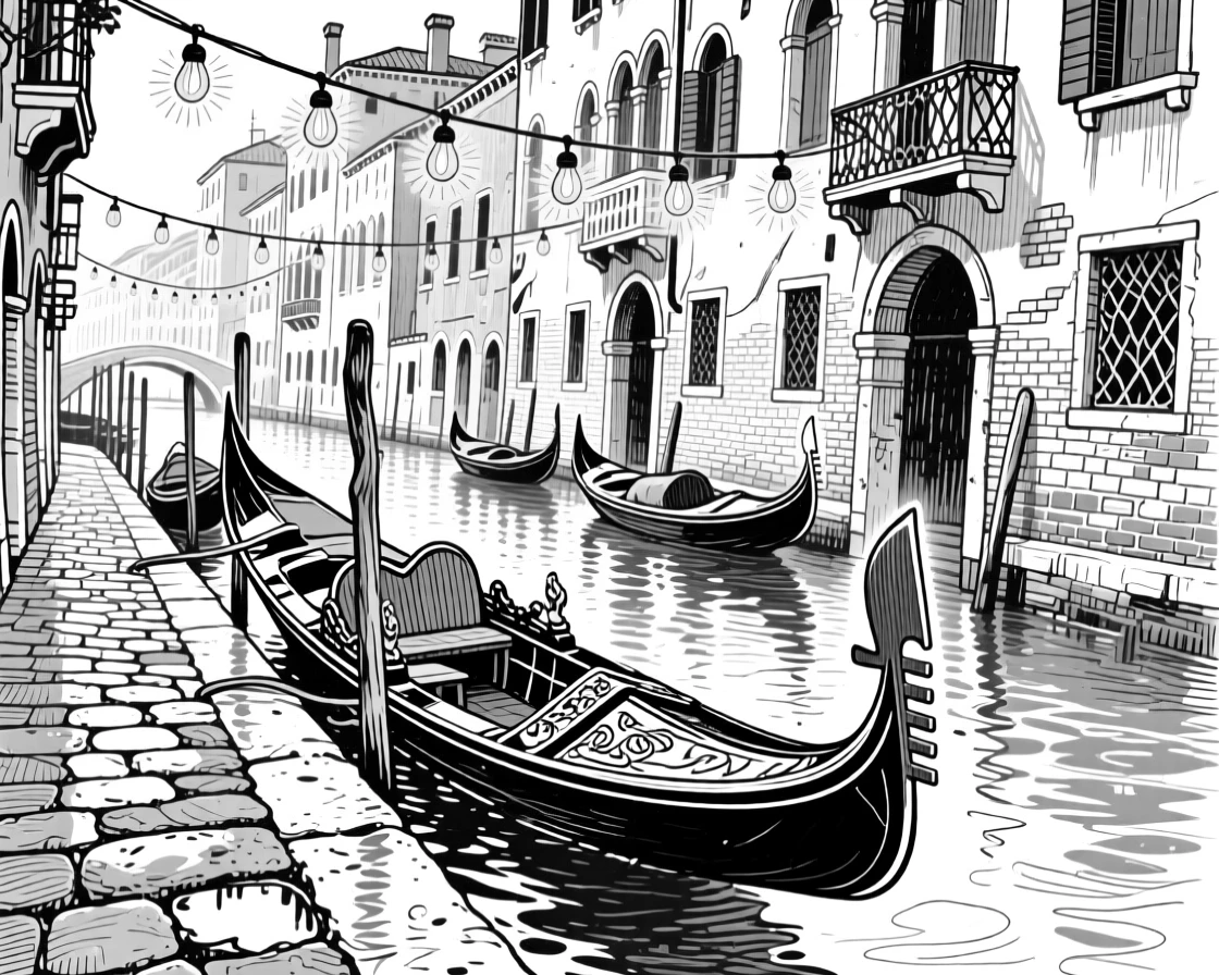 A venetian canal lined with gondolas beneath strings of hanging lights, featuring cobblestones glistening after rain, rendered in a cozy and inviting architectural composition.