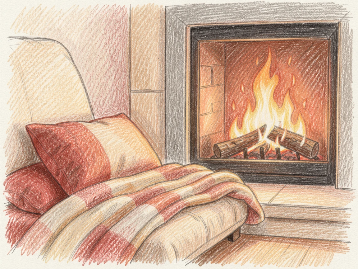 A soft blanket and cushion arranged beside a crackling fireplace, with gentle, harmonious colors throughout the scene, evoking deep peace, mindfulness, and quiet reflection.