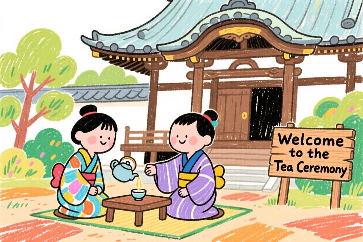 A tea ceremony performing beside an ancient temple.