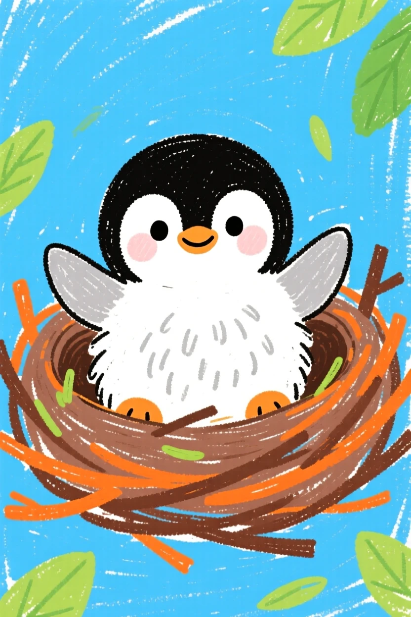 A tiny penguin chick peeking over the edge of its nest.