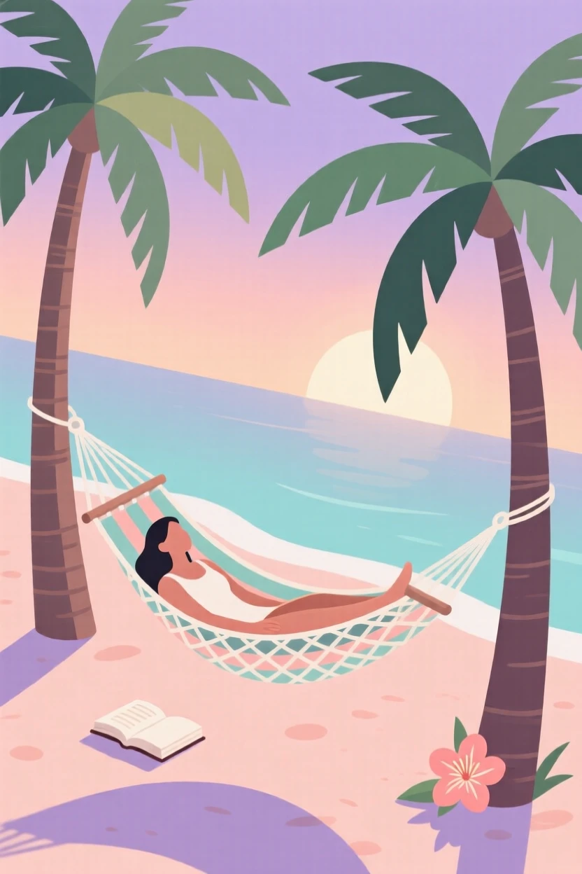 A relaxing hammock nap under swaying palm trees, arranged in a softly lit evening setting, arranged in a neatly styled flat lay composition, with gentle pastel tones evoking calm and comfort.