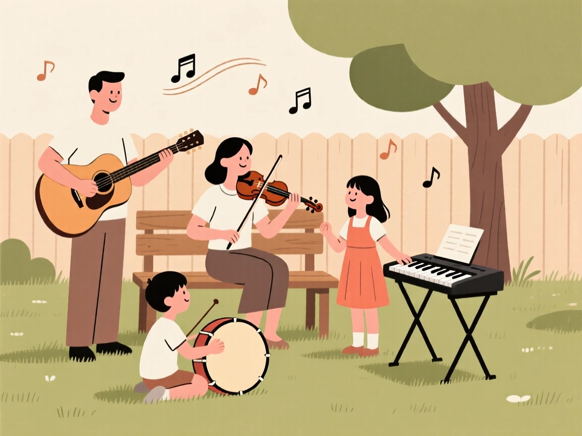 A family playing music together in their backyard.