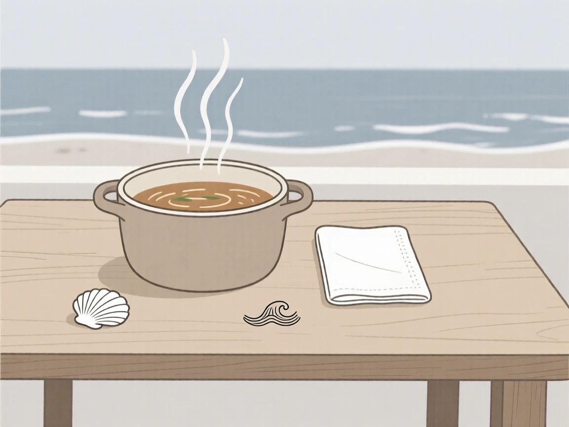 A homemade pot of simmering soup cooling near a linen napkin on a seaside restaurant table, expressing simple satisfaction.