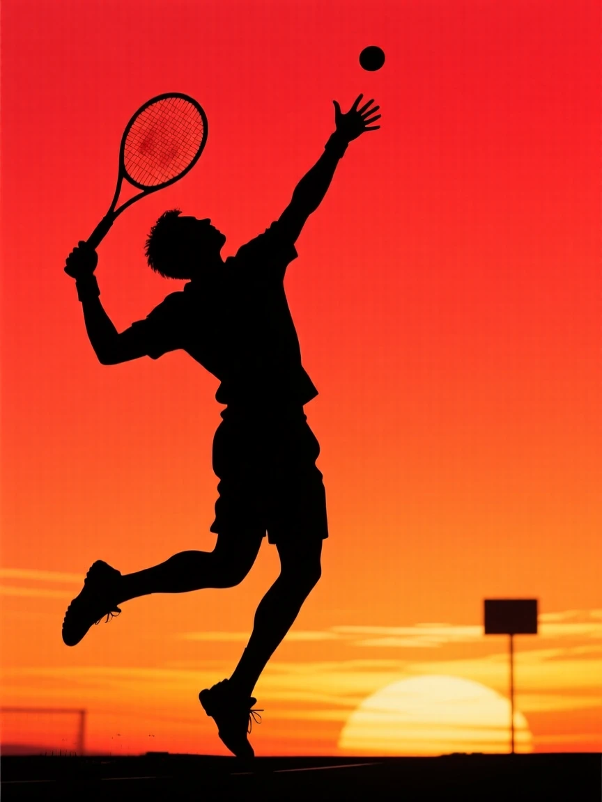 A tennis player leaping into a powerful overhead serve.