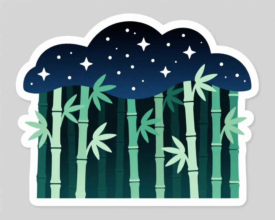 A peaceful bamboo forest with soft green light, under a blanket of twinkling stars, far from any city lights.