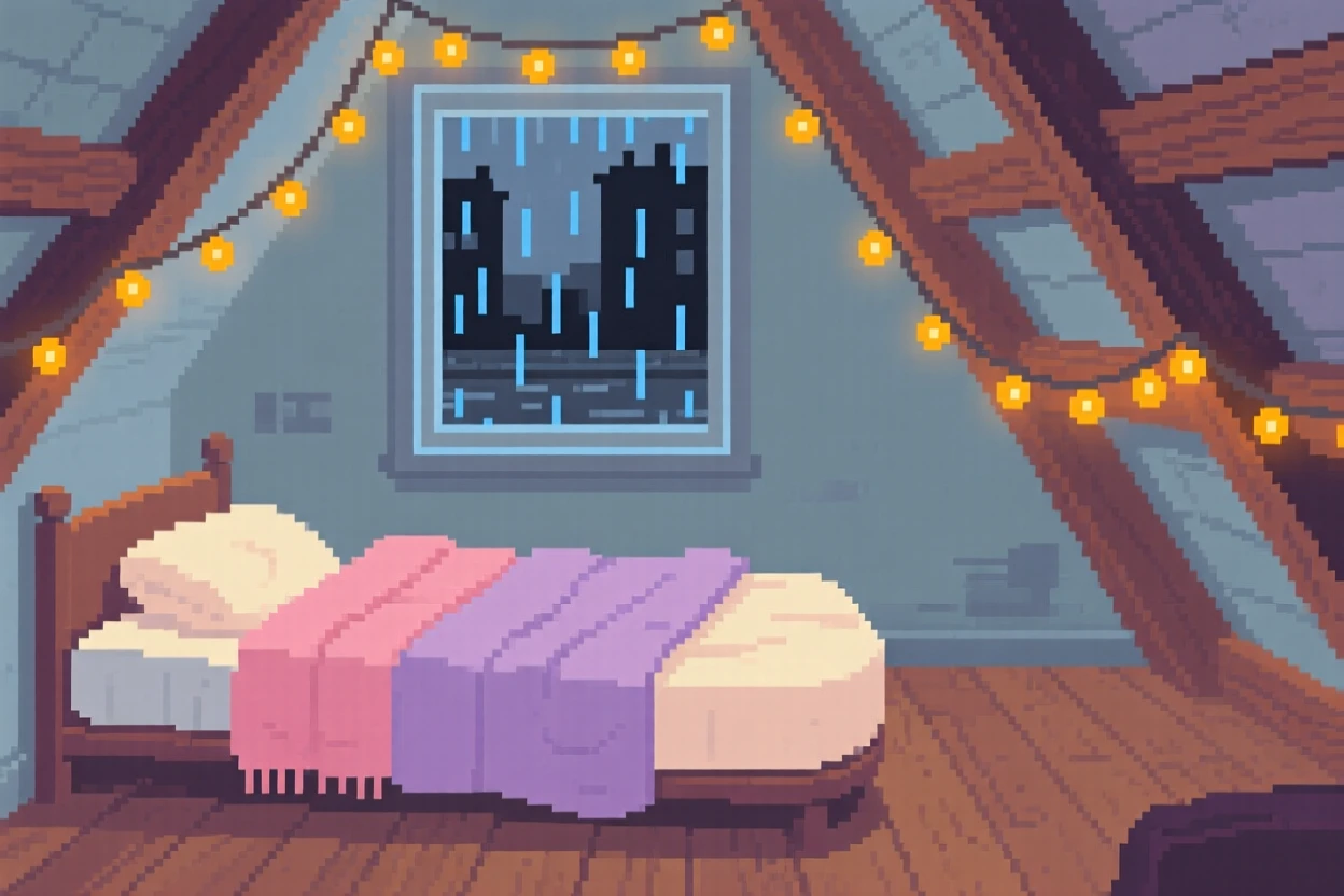 A tiny attic bedroom covered in blankets and fairy lights, in a loft apartment above a rainy street.