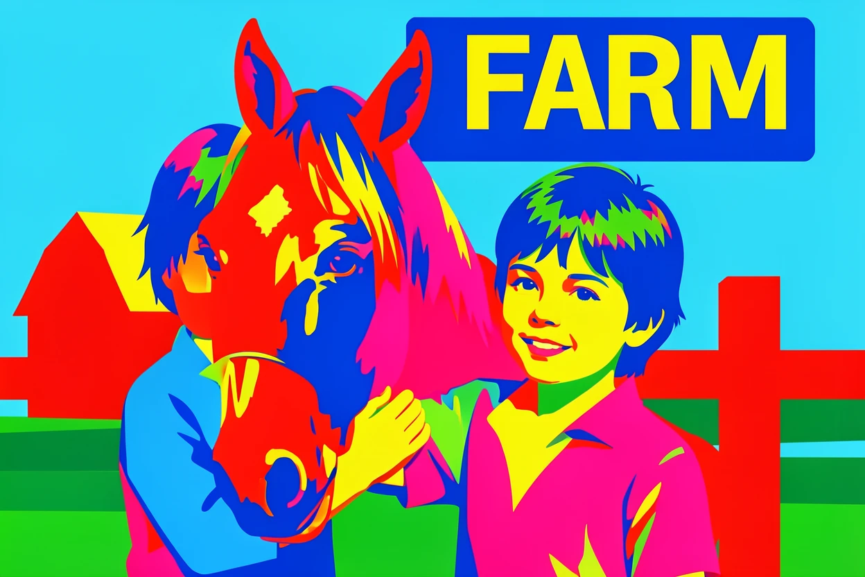 Child petting a horse at a farm