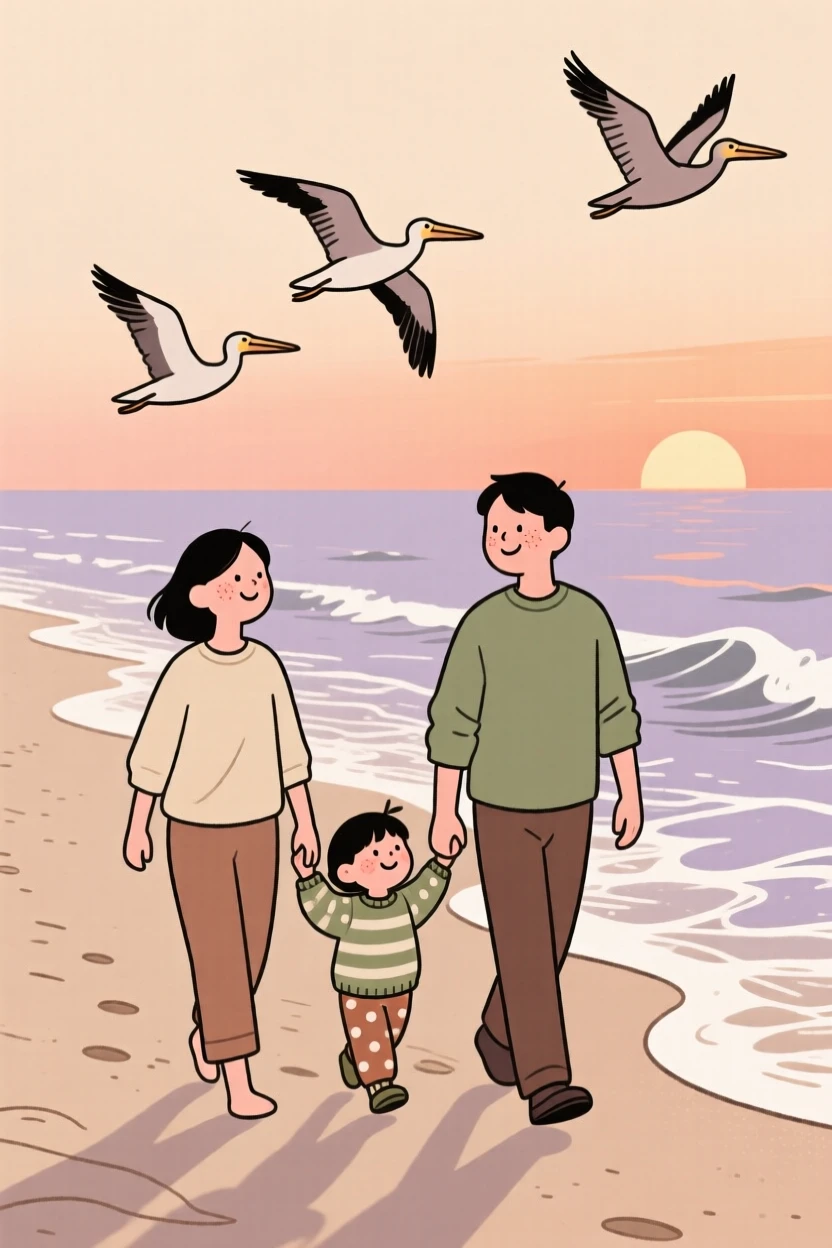 Waves roll gently onto a quiet sandy beach where a family with children walk along the shoreline, watching the sunset together as pelicans glide overhead.