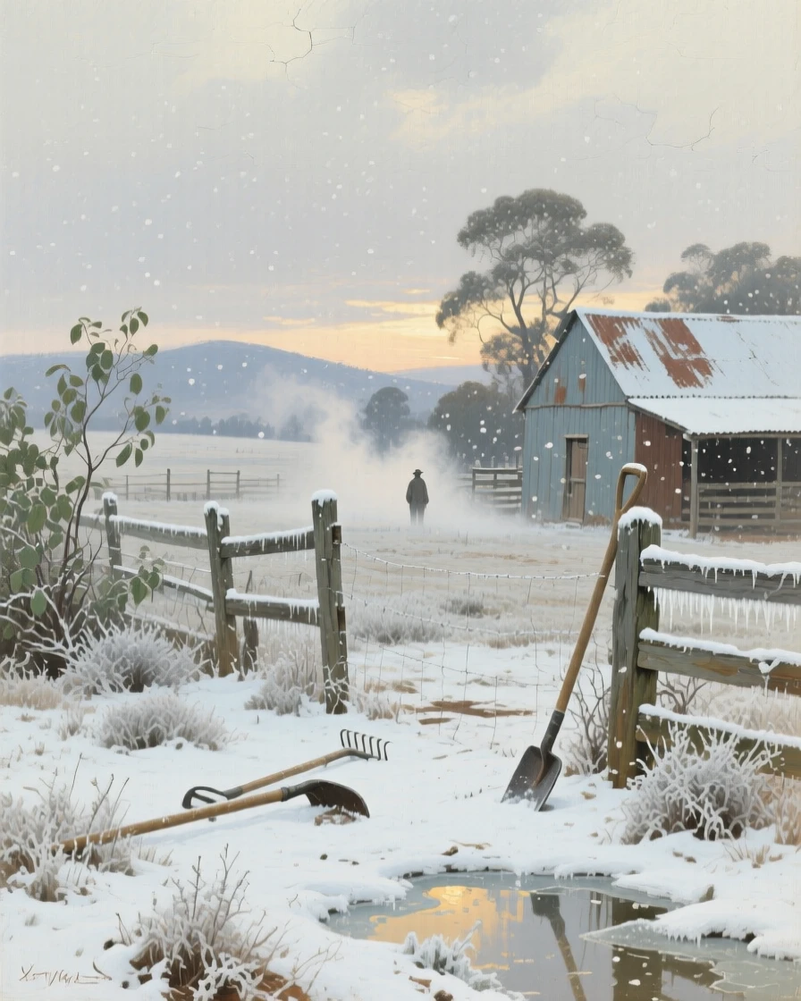 A well-framed scene of a frosty morning where breath mists in the cold air over a quiet farmyard, in gentle falling snow, in the Australian outback.