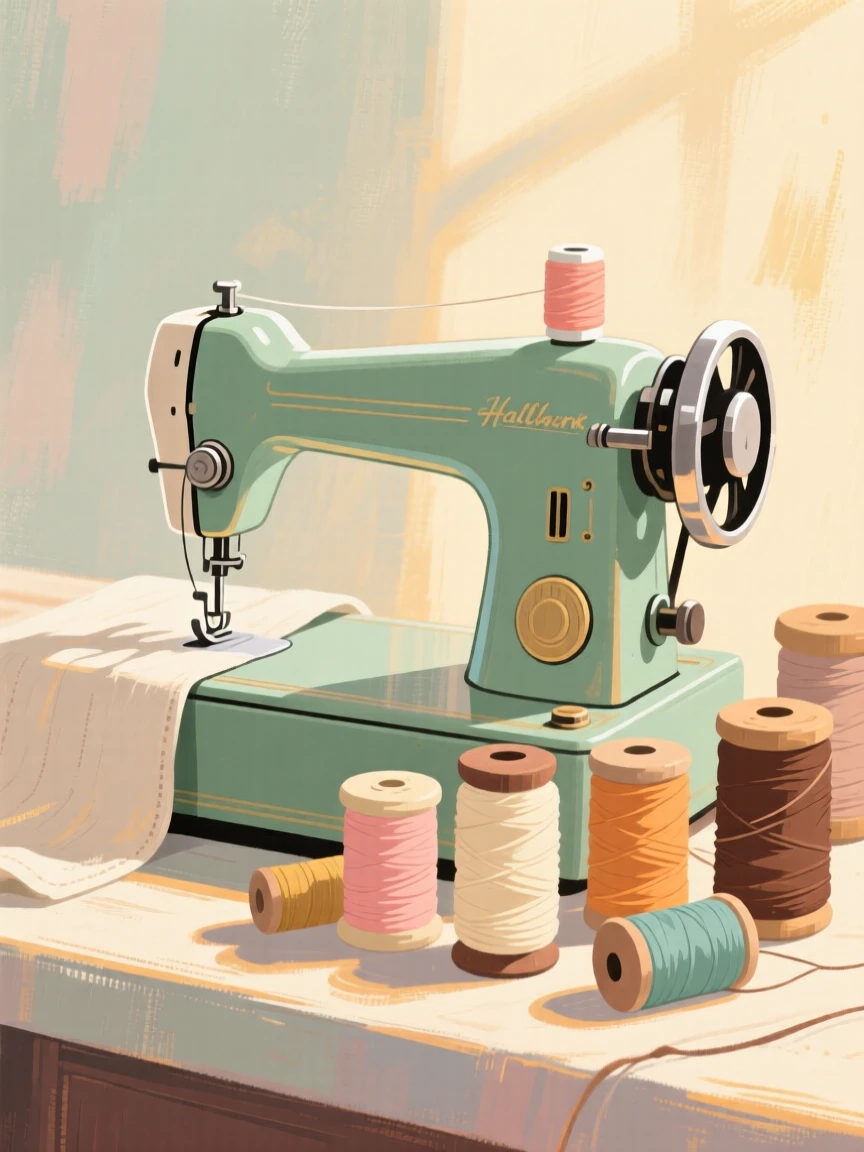 A vintage sewing machine beside spools of colorful thread