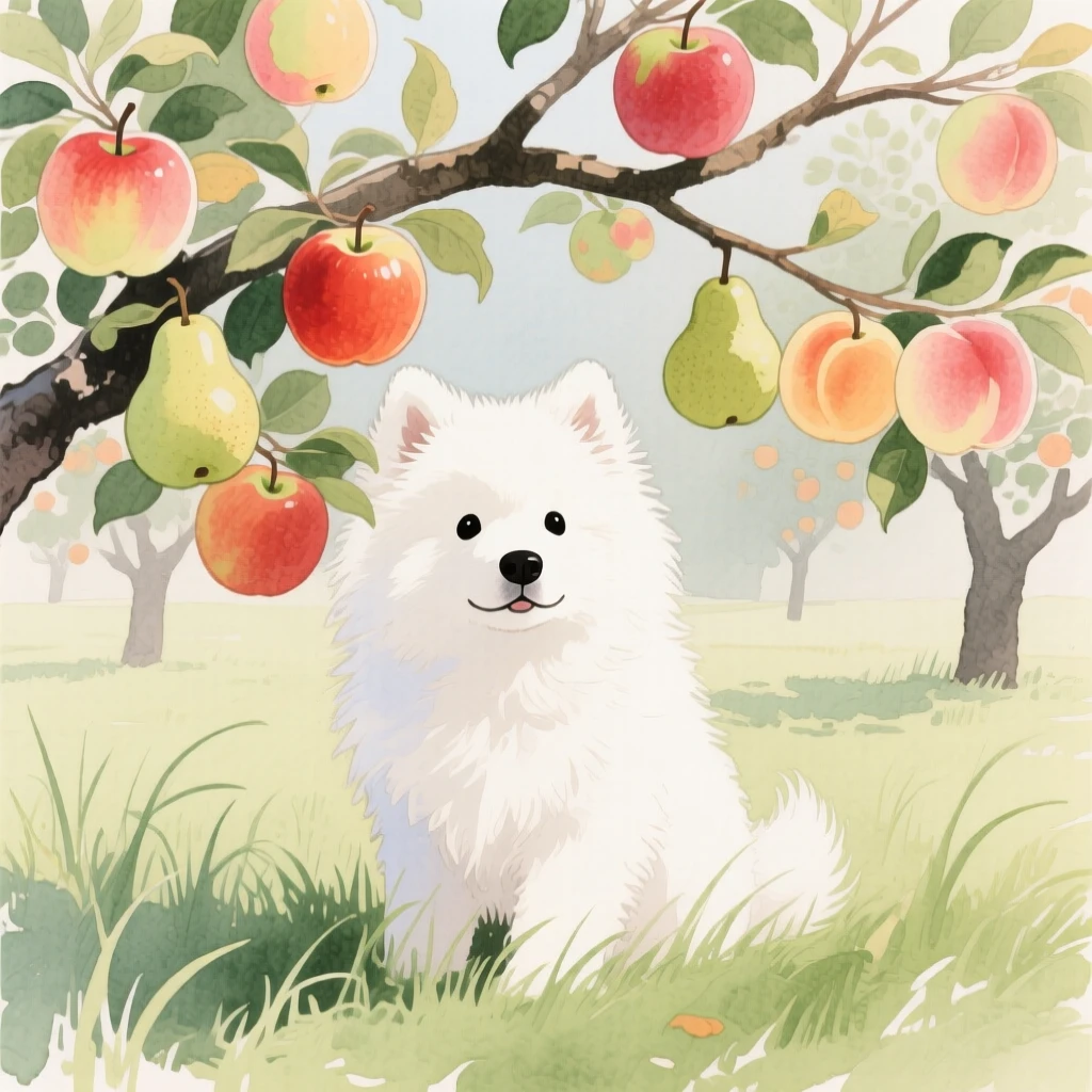 A Samoyed puppy peeks out curiously in an orchard heavy with fruit, while a gentle breeze stirs the grass