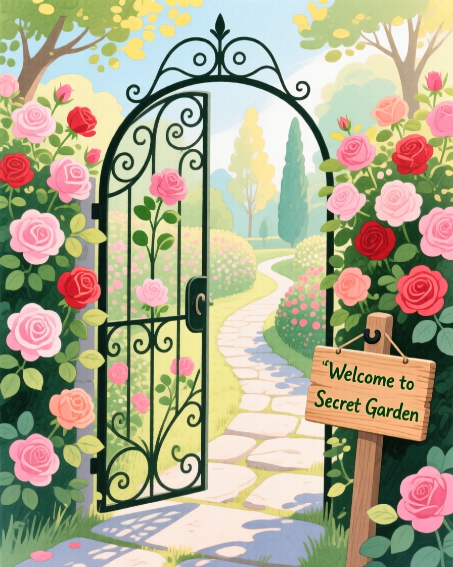 A secret garden gate opening onto a path of blooming roses, full of mystery and excitement.