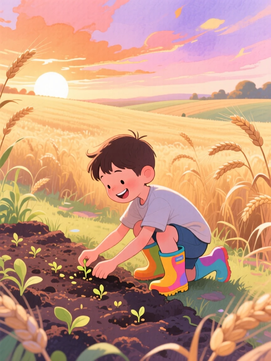 A boy in rain boots planting seeds in a small garden plot, in a golden wheat field at sunset, showing the magic of a simple, joyful moment.