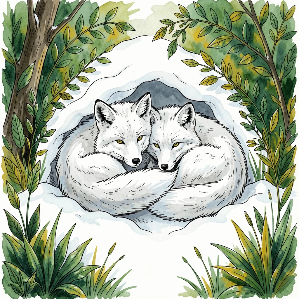 A pair of arctic foxes curled together in a snowy den, the scene framed by lush greenery on every side.