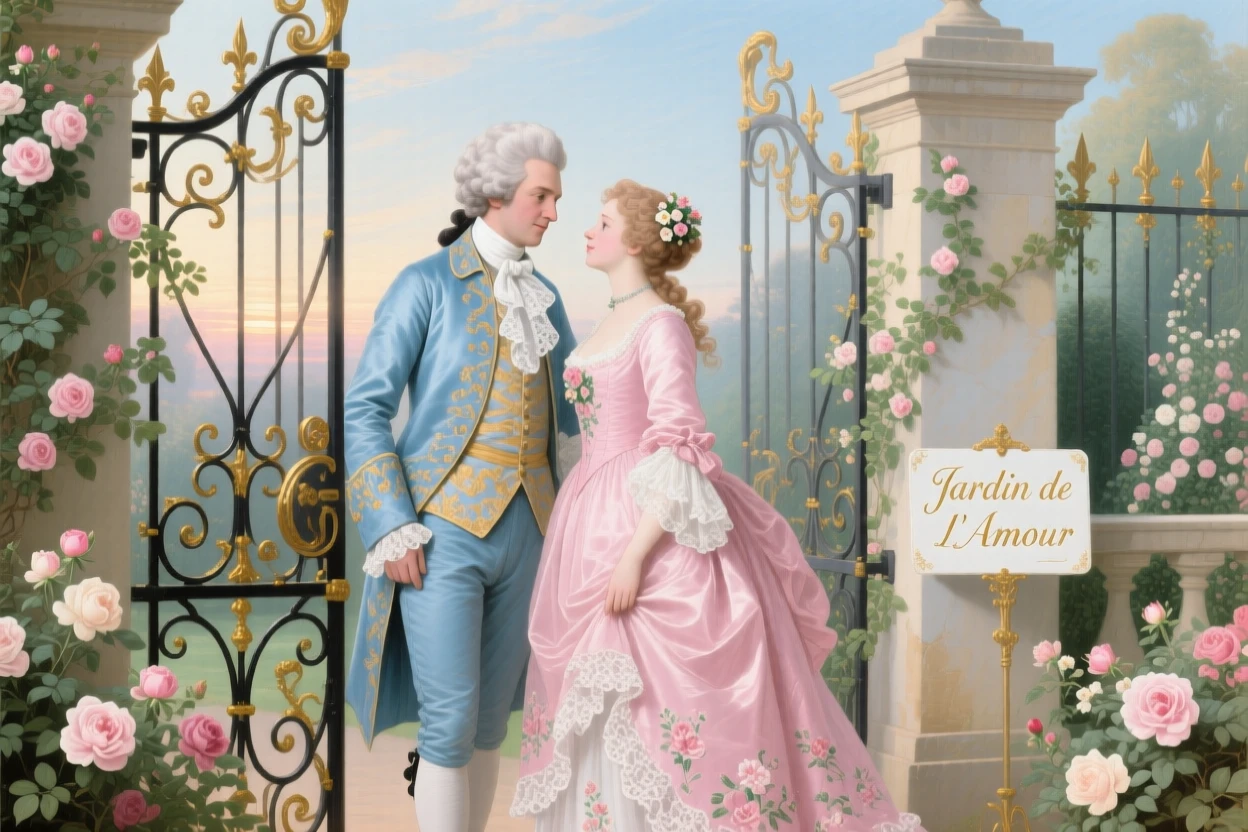 A couple meeting at a garden gate just before dawn  
