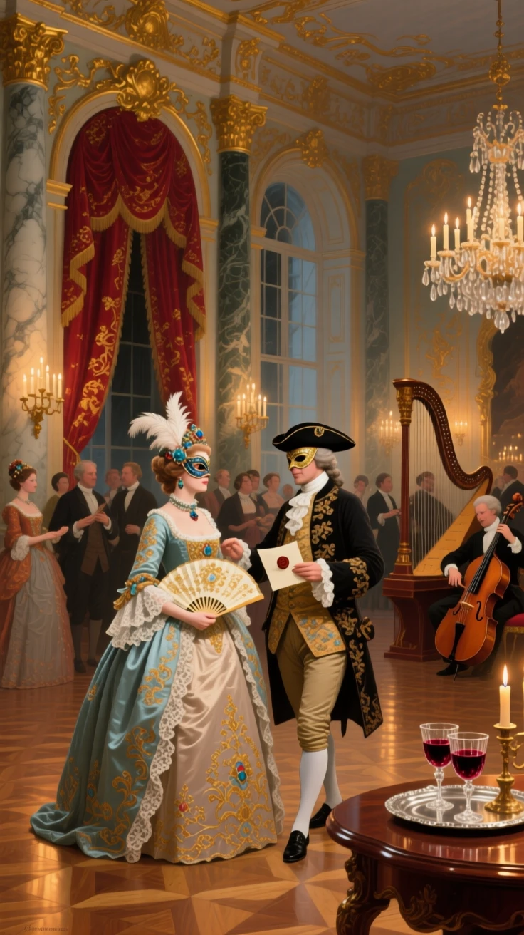 A grand 18th-century masquerade ball inside a candlelit palace hall, capturing the customs and craftsmanship unique to the era, designed to feel both historically authentic and visually striking
