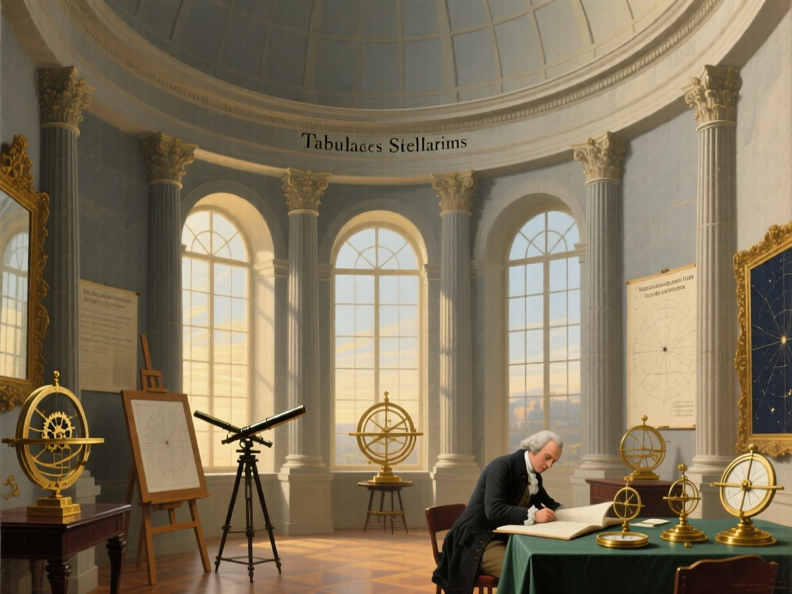 A domed observatory filled with brass instruments and star charts catching the first light of morning through tall windows, set inside a grand academy of art and learning, with tall mirrors reflecting endless corridors of light and shadow; strong vertical lines of columns lead the eye upward toward the light, filled with hushed splendor and architectural harmony.