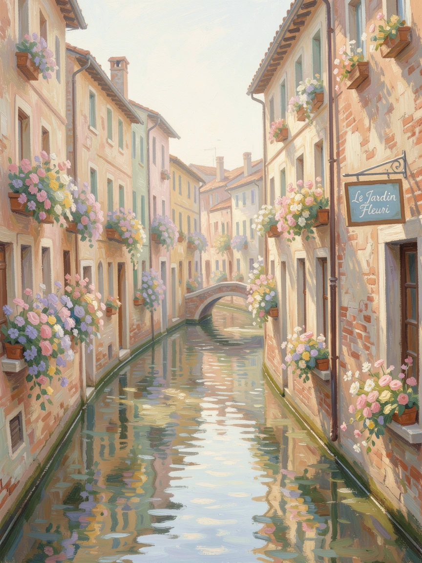 A narrow canal town where flower boxes overflow from every window above the slow-moving water.