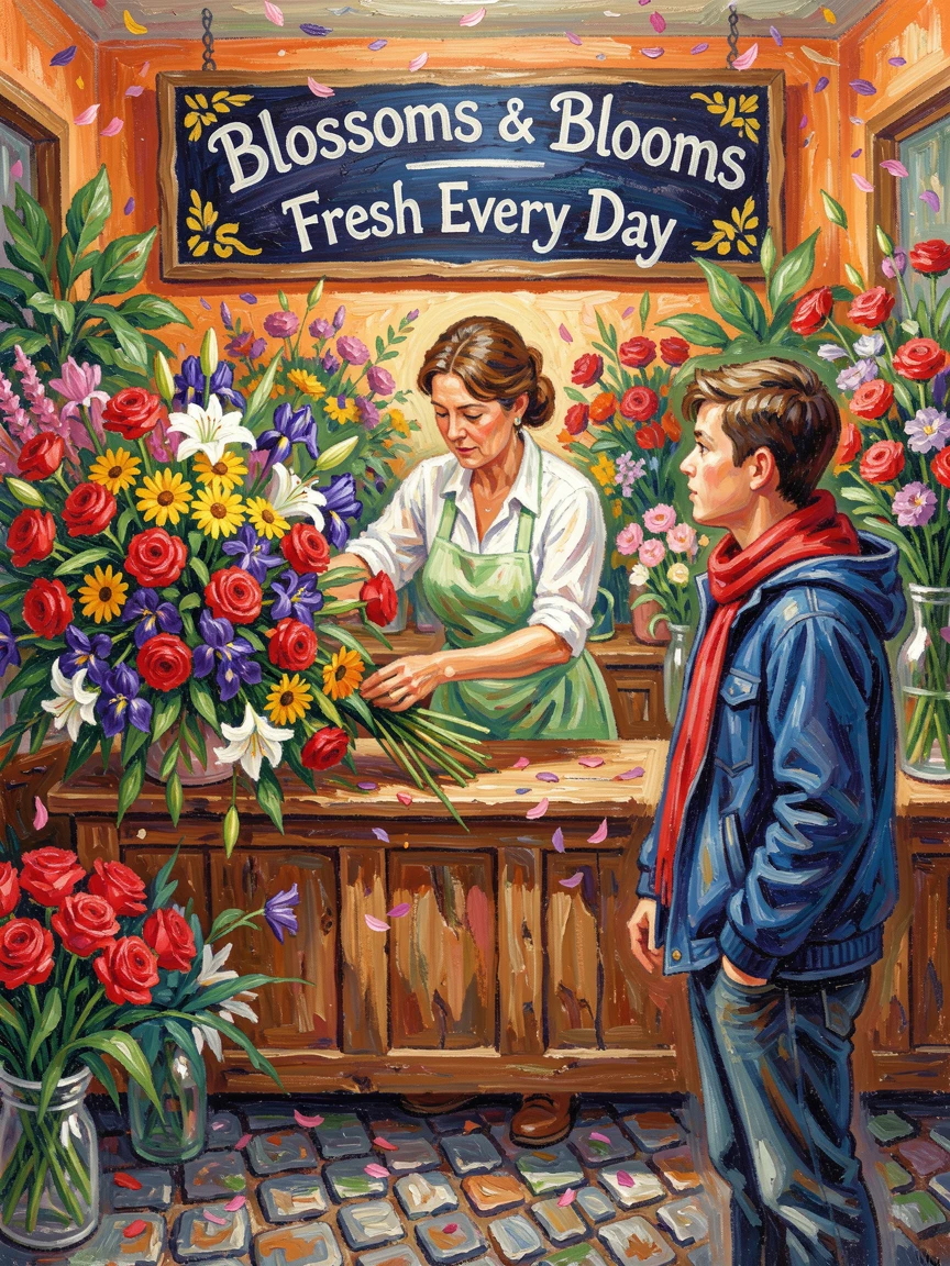 A busy flower shop with an owner arranging a large bouquet for a waiting customer.