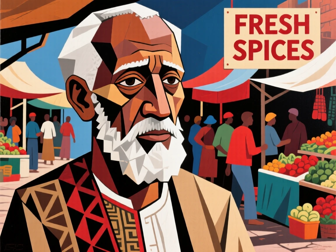A close-up portrait of a grandfather of Ethiopian heritage, lost in quiet thought, at the edge of a bustling market.