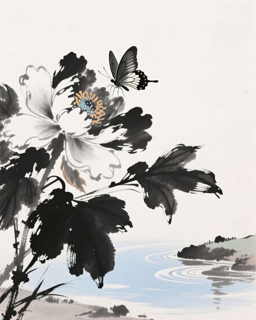 A butterfly rests on a peony blossom in full bloom, beside a small pond reflecting the summer sky.