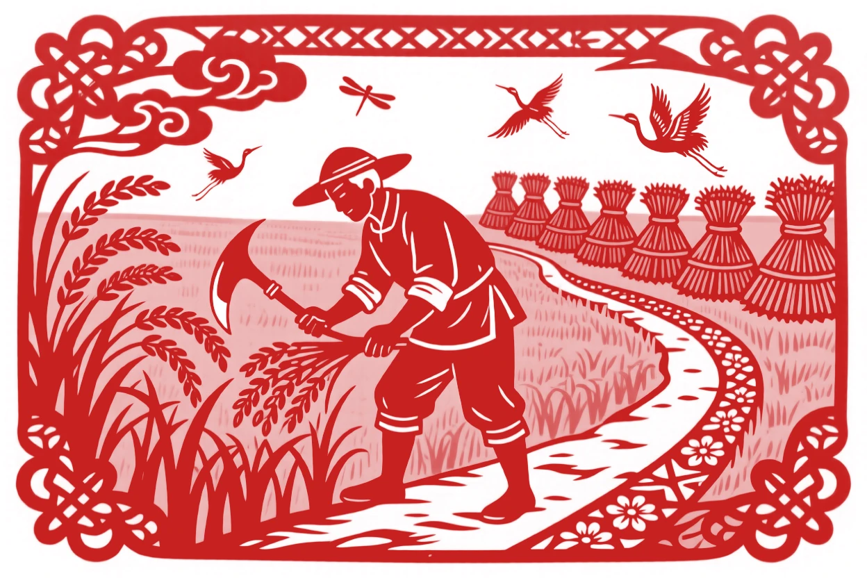 A farmer harvesting rice by hand in a golden paddy field, bundles stacked neatly along the path behind him