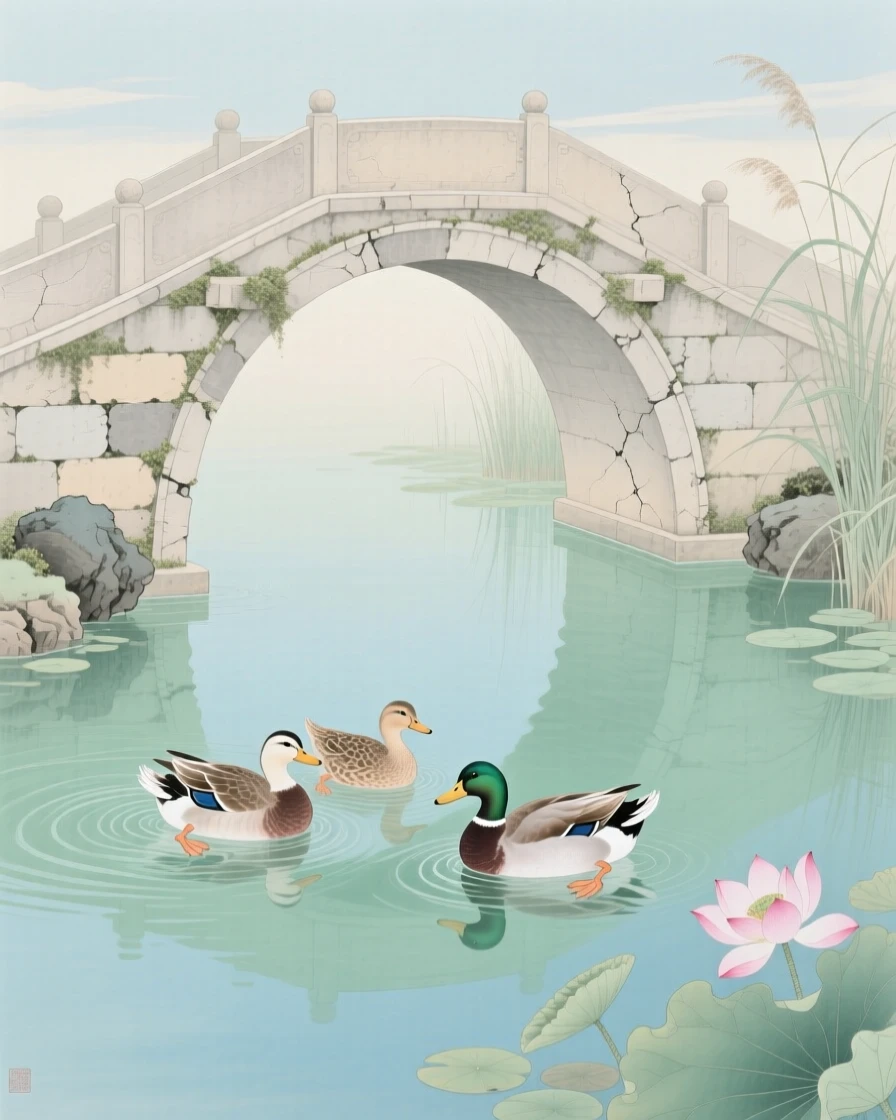A family of ducks gliding across a still pond under a curved stone bridge