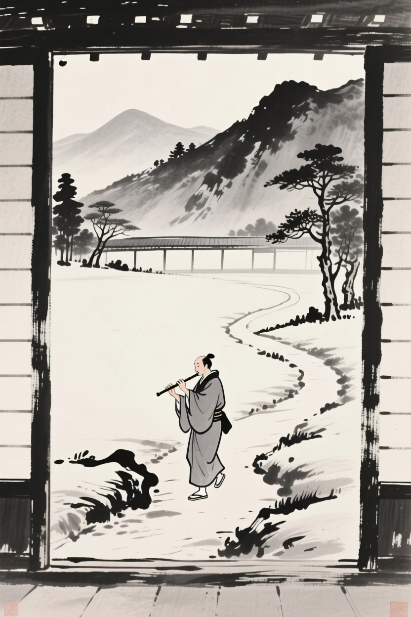 A musician playing a flute walking slowly along a mountain path within a peaceful temple courtyard, framed small within a vast, quiet landscape, evoking warmth, simplicity, and quiet dignity.