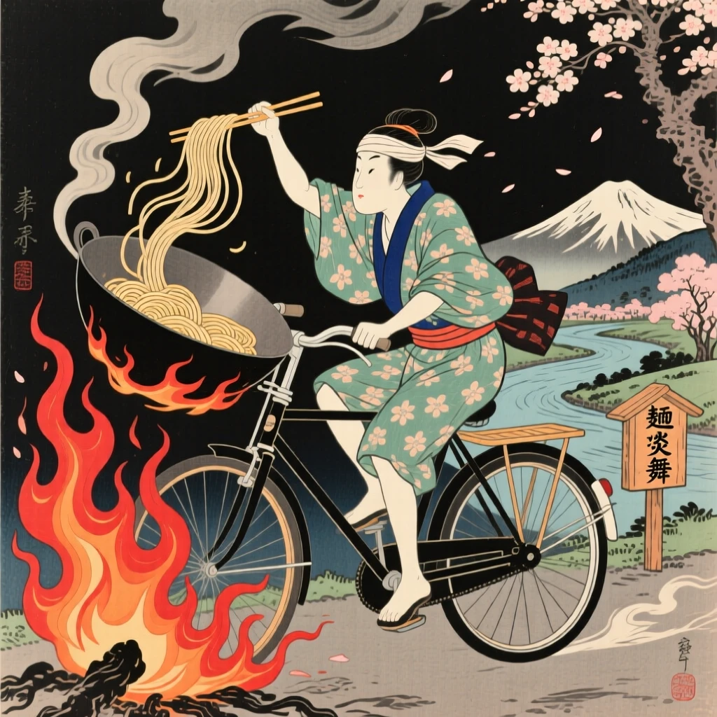 A bicycle rider flipping noodles in a wok over roaring flames.