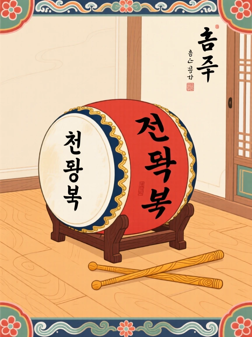 A traditional drum resting beside a pair of wooden drumsticks in a quiet room.