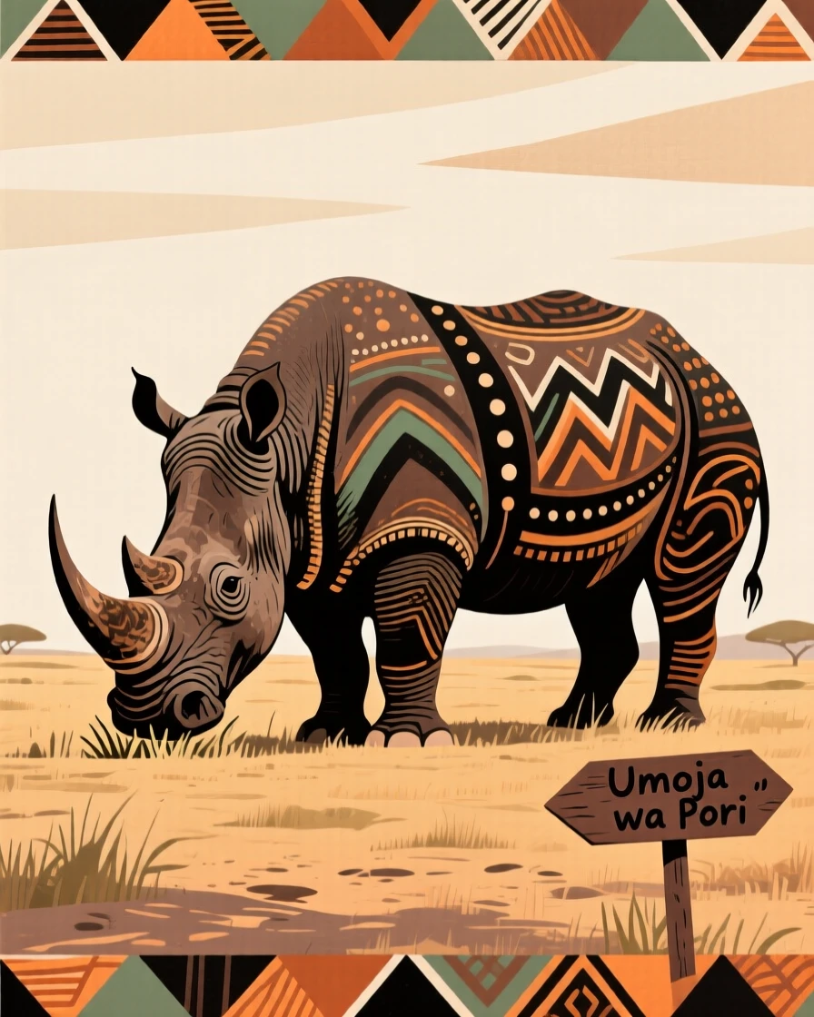 A rhinoceros grazing alone on the open savanna.