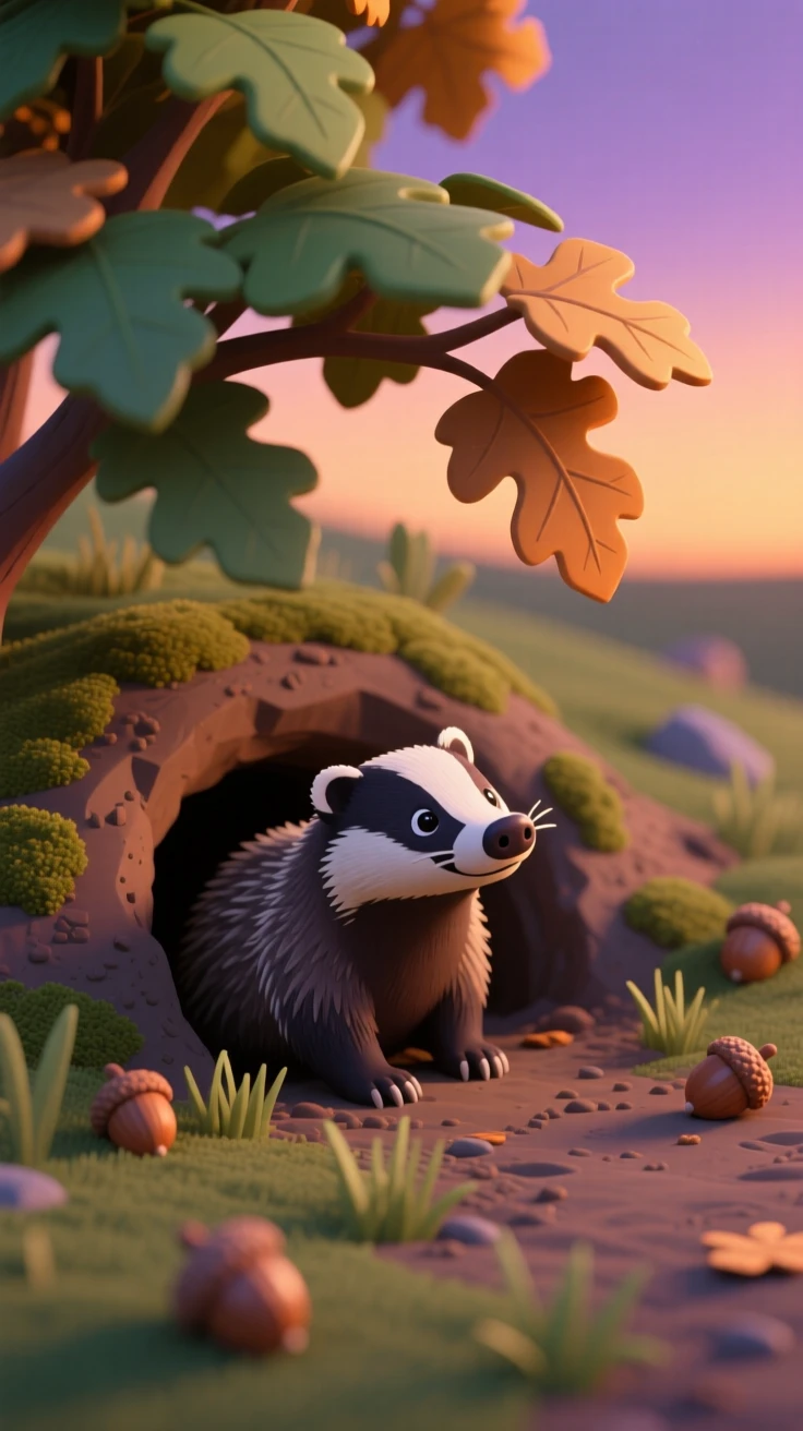 A curious badger emerging from its burrow at dusk, sniffing the cool evening air beneath a canopy of oak leaves.