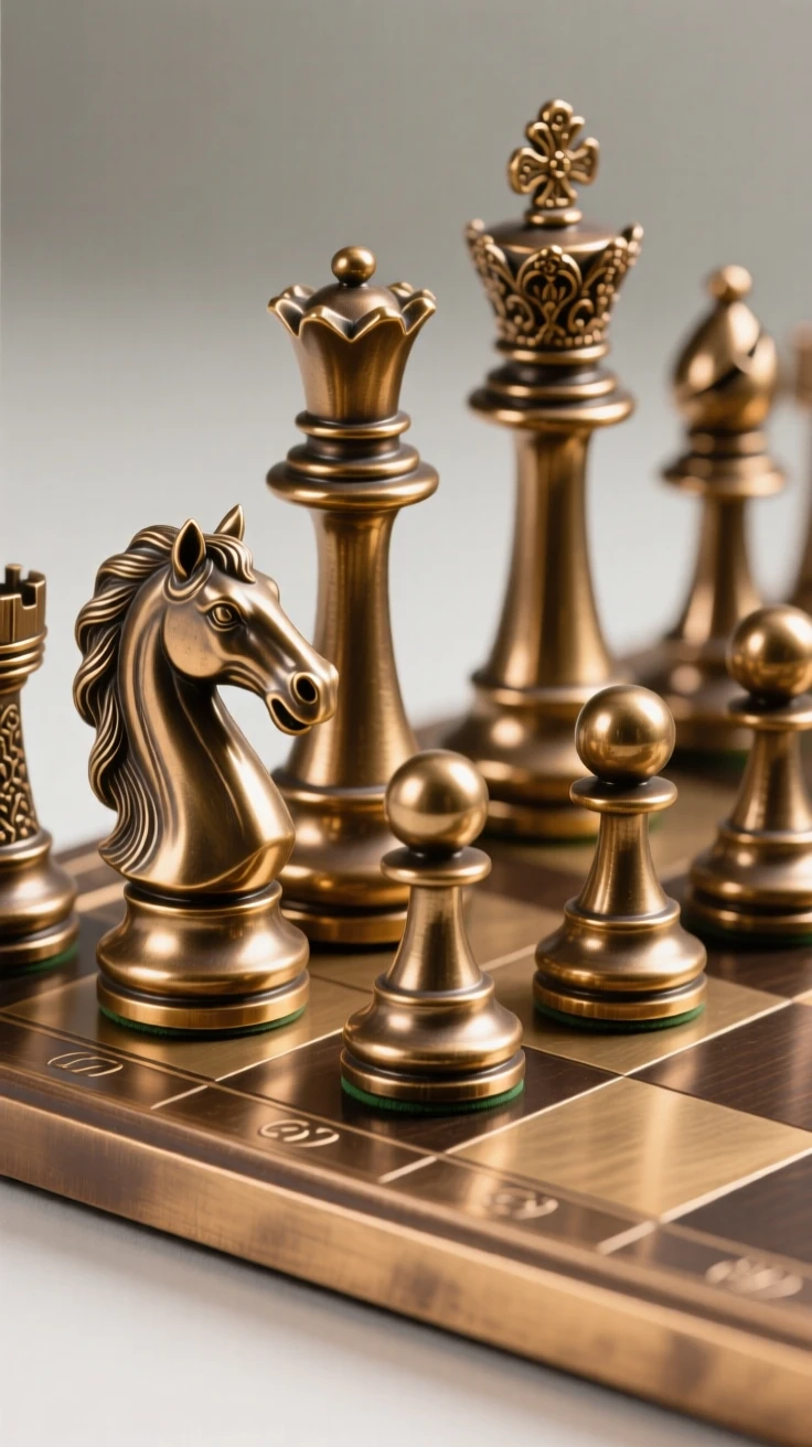 An elegant chess set with finely carved pieces, capturing a sense of timeless luxury, radiating elegance and refinement