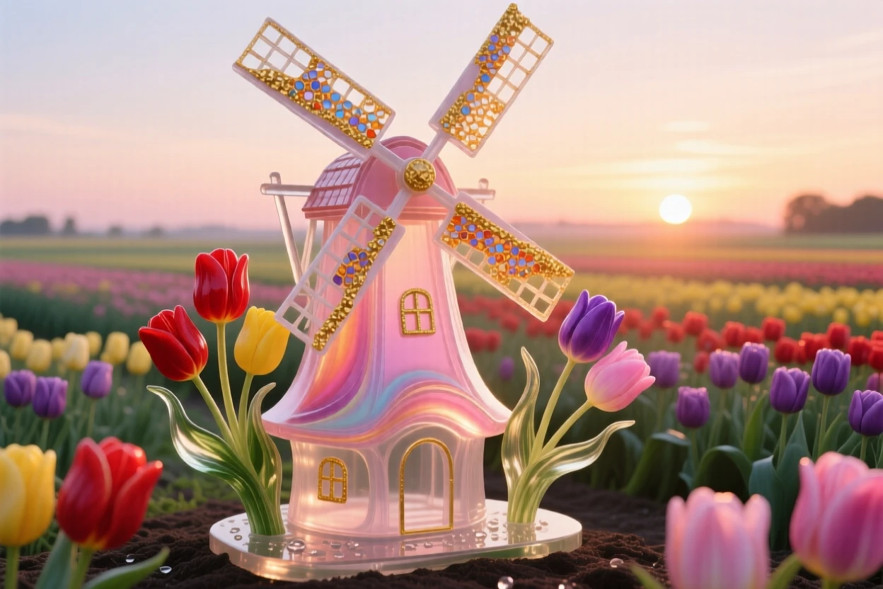 A traditional windmill standing among tulip fields at sunrise, iconic and peaceful.