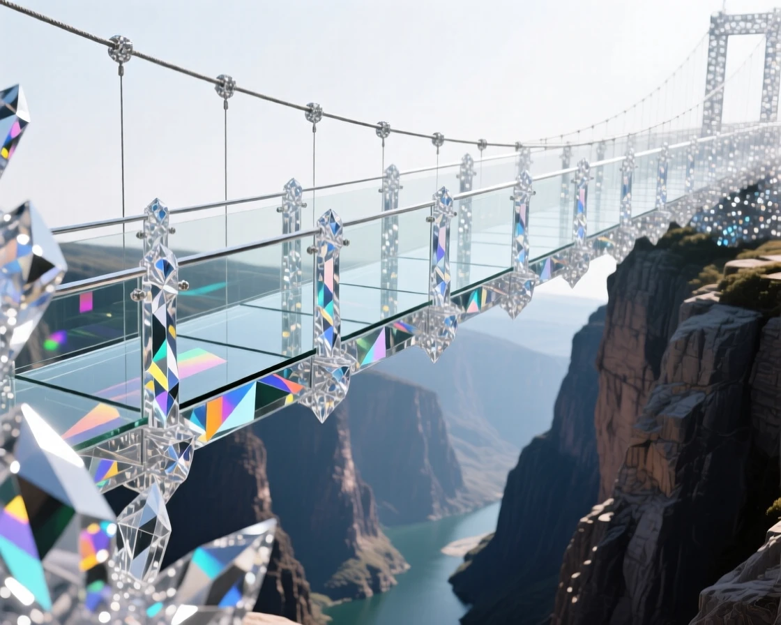 A dramatic glass-bottomed skywalk suspended over a deep canyon gorge.