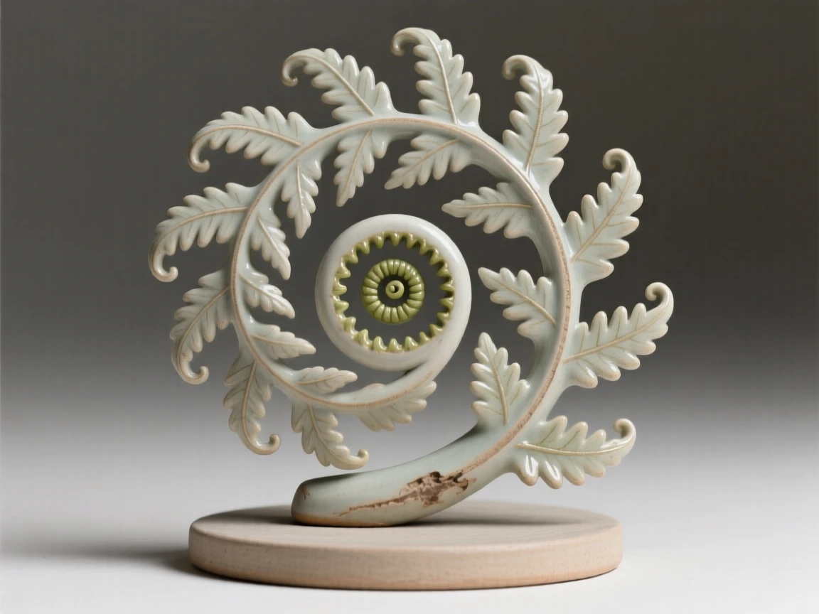 A spiraling fern unfurling a new frond arranged as if freshly gathered, its edges delicately curled and textured, capturing a fleeting, delicate moment in bloom.