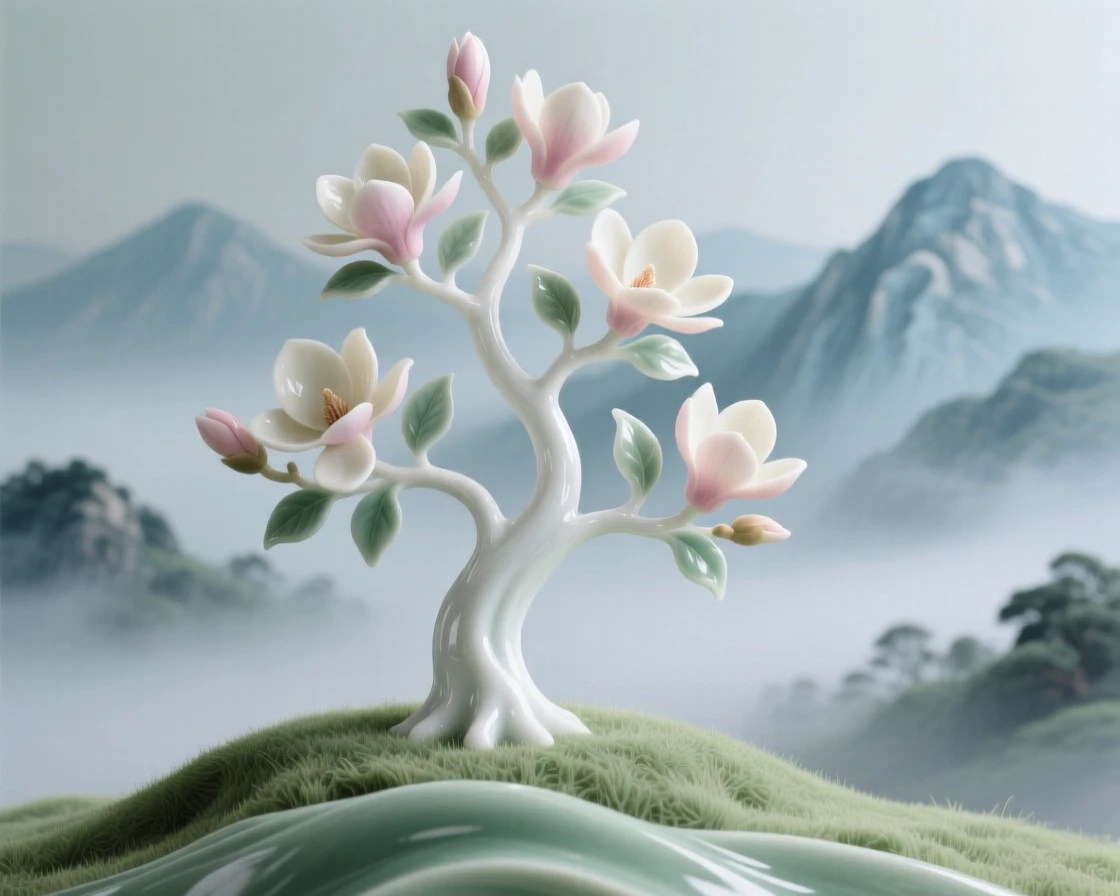 A towering magnolia tree standing alone on a grassy hill in a misty mountain valley.