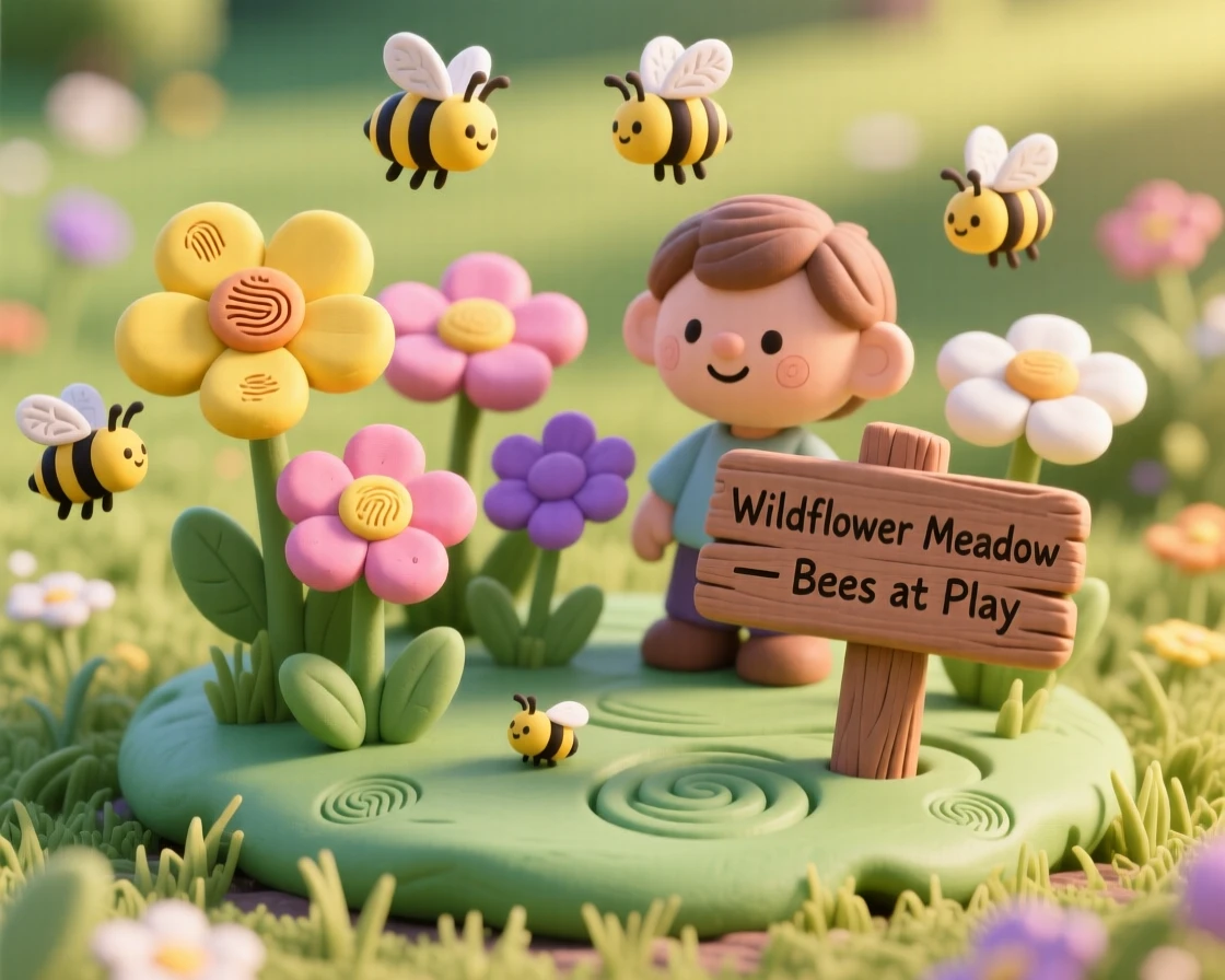 A wildflower meadow buzzing gently with bees at midday