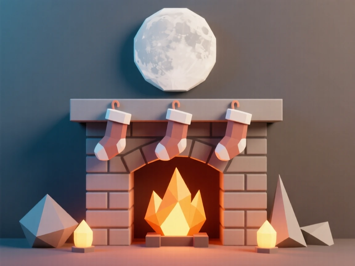 A cozy fireplace scene with stockings hung above, beneath a full harvest moon. warm glowing lights create a festive ambiance. There is a joyful, festive energy in the air.