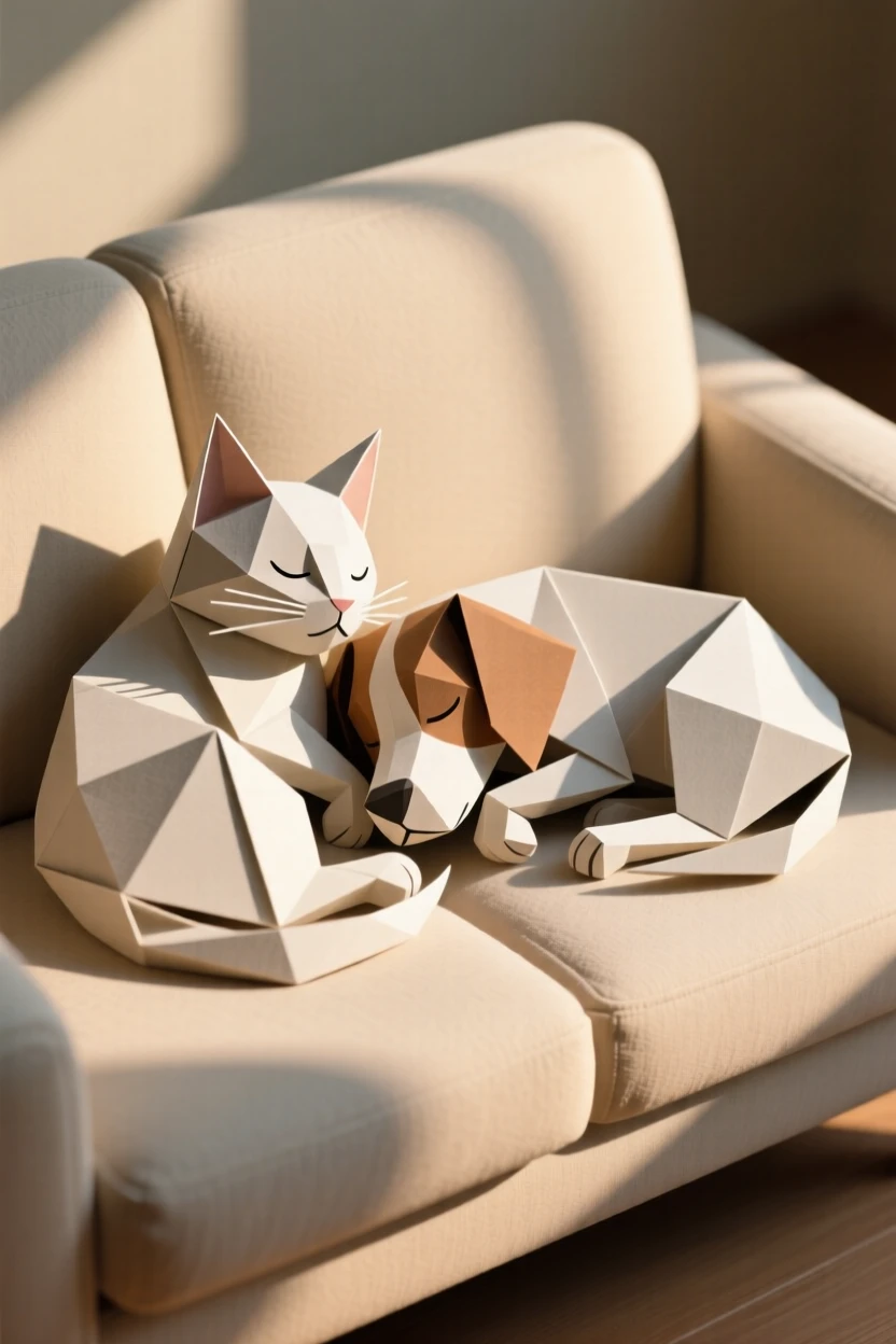 A cat and dog curled up together asleep on a sunlit couch cushion.