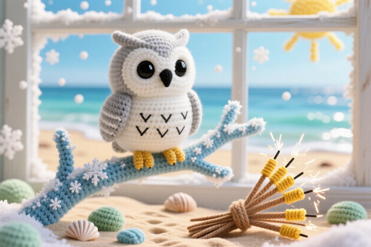 a cheerful snow owl, perched on a frosted branch, watching snowflakes drift past its window, set in a sun-drenched summer beach at low tide, with a bundle of sparklers ready to light, full of playful delight in seasonal change.