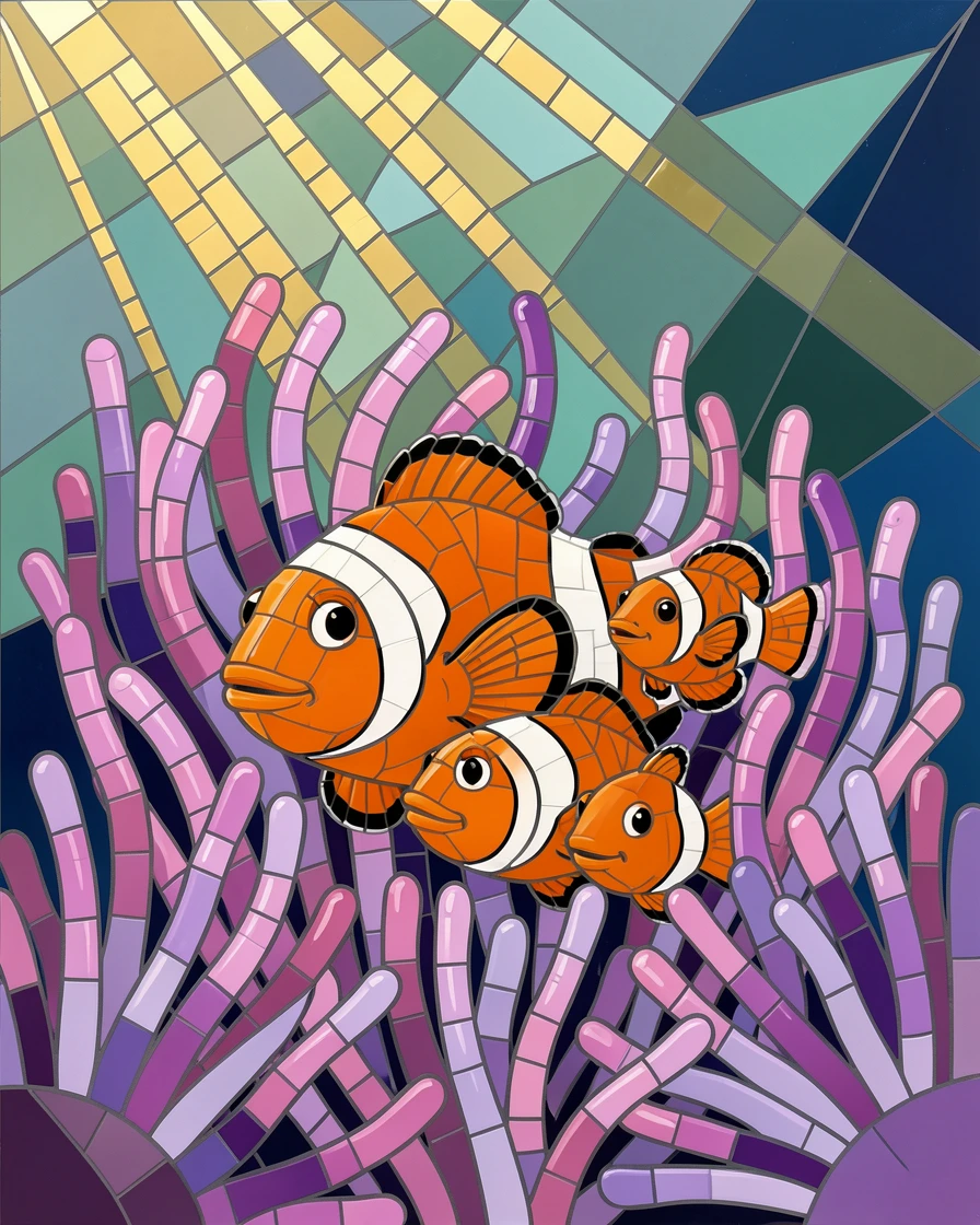 A colorful clownfish family nestled among sea anemones, illuminated by soft rays of sunlight filtering through water.