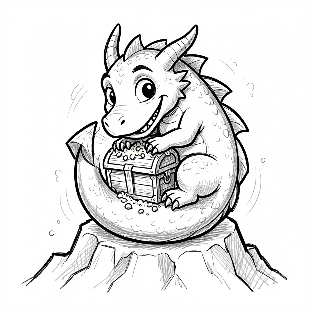 A small friendly dragon curled around a treasure chest atop a snowy peak.