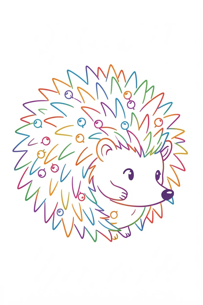 A round hedgehog character rolled into a ball, tiny berries stuck to its spikes.