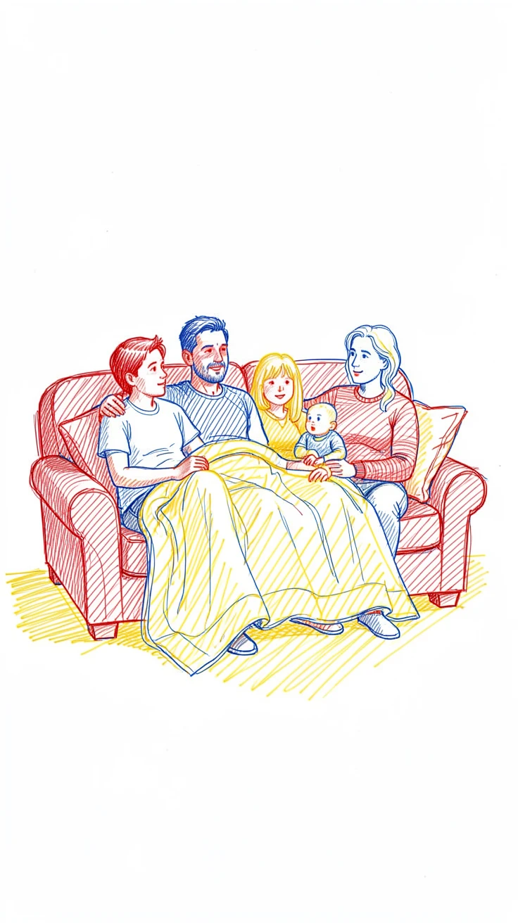 A family gathered on the couch watching a movie under one big blanket