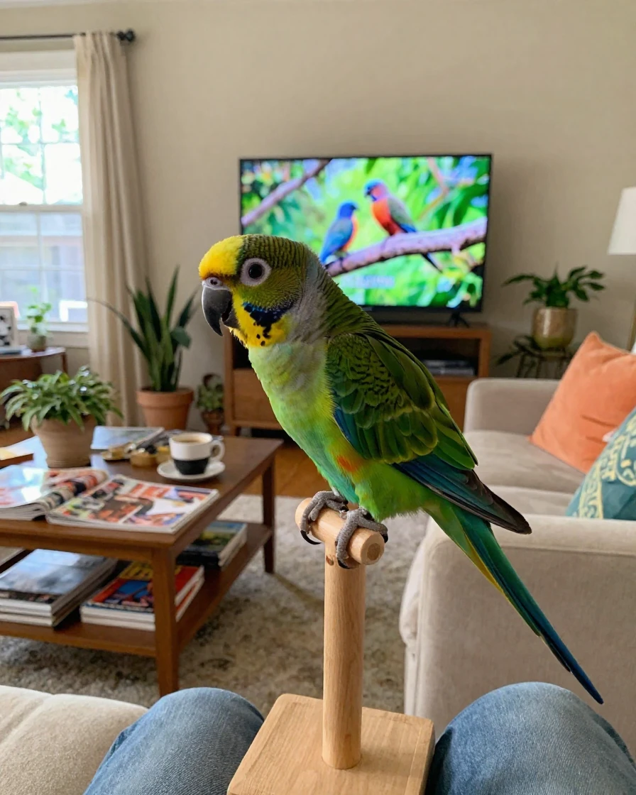 A parrot whistles a tune it just learned from the television.
